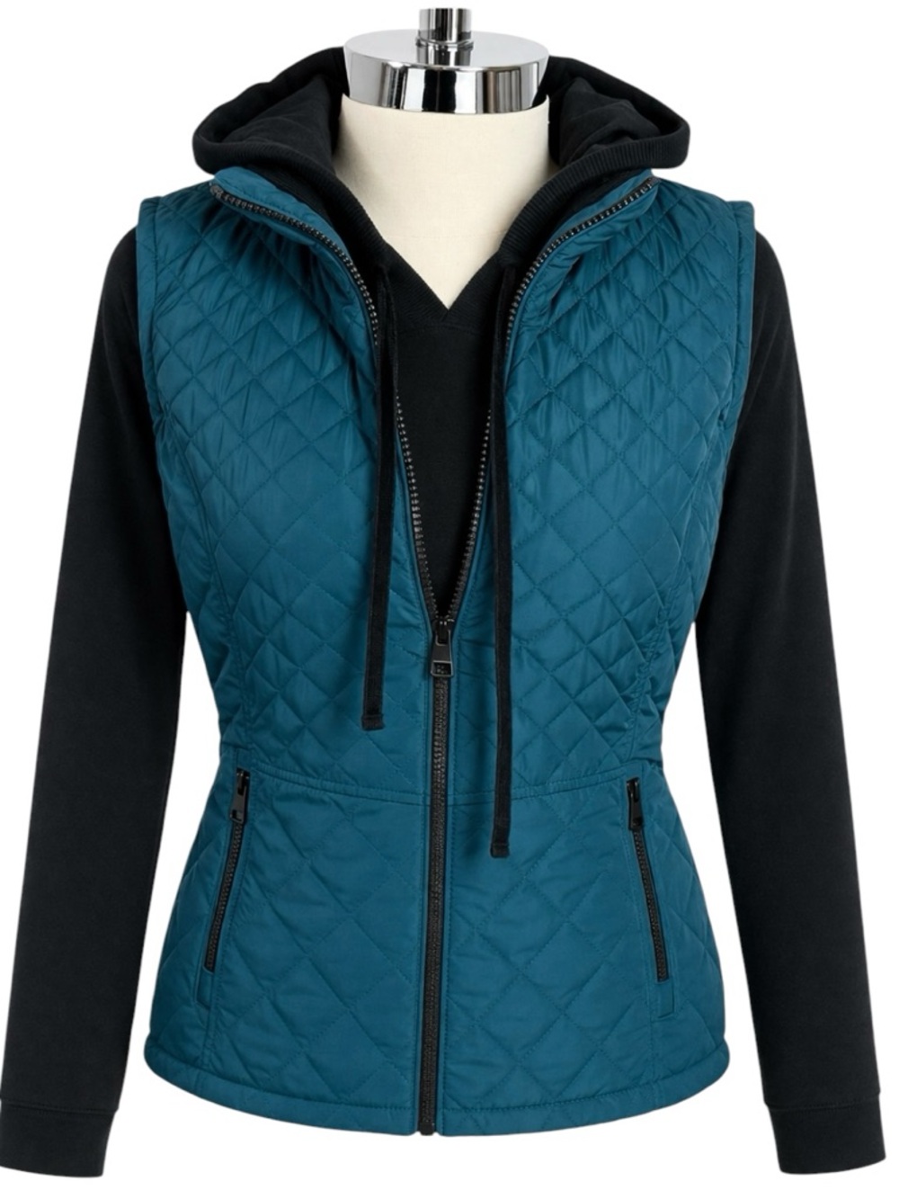 Andrew Marc Quilted Vest Medium Teal Black Zip Puffer Knit Panels